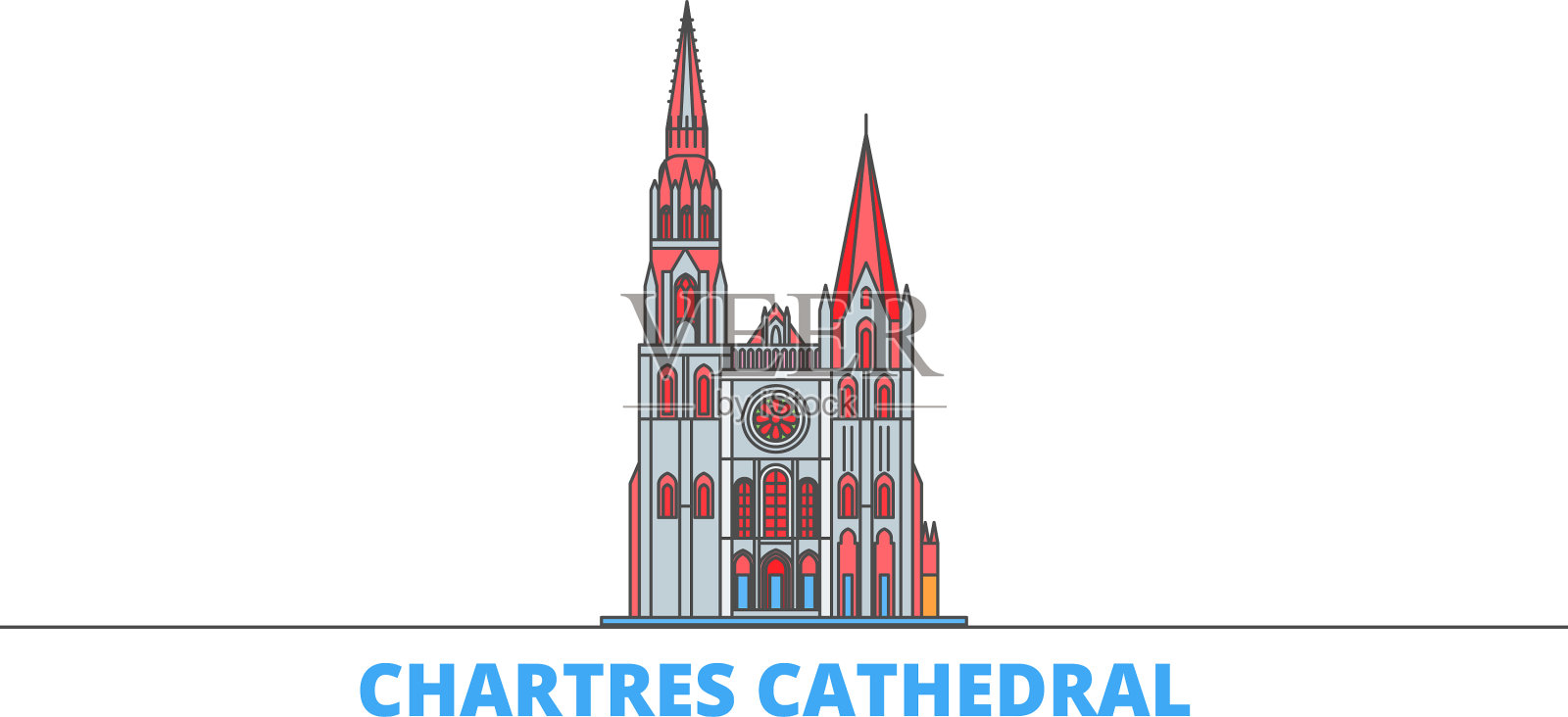 法国沙特尔线城市景观平坦插画图片素材