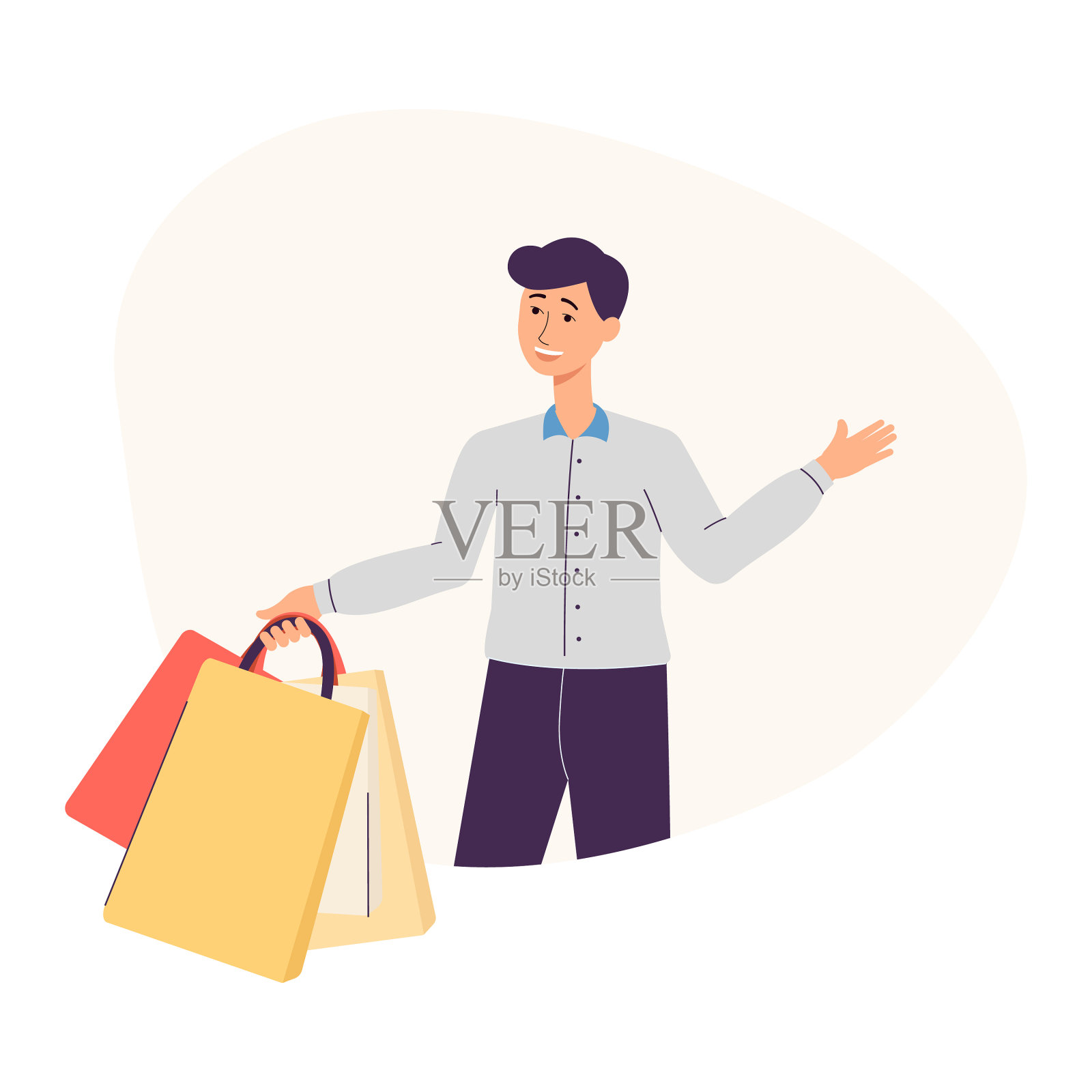 快乐的男性购物者有很多袋子和包装设计元素图片
