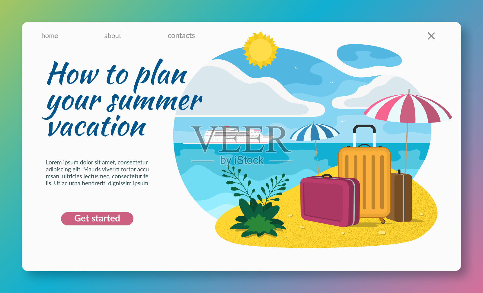 暑假插图。热带景观与海,天空,阳光,沙滩,雨伞,旅游行李,船在地平线上。旅游概念的网页,登陆页,横幅,海报。平面设计。插画图片素材