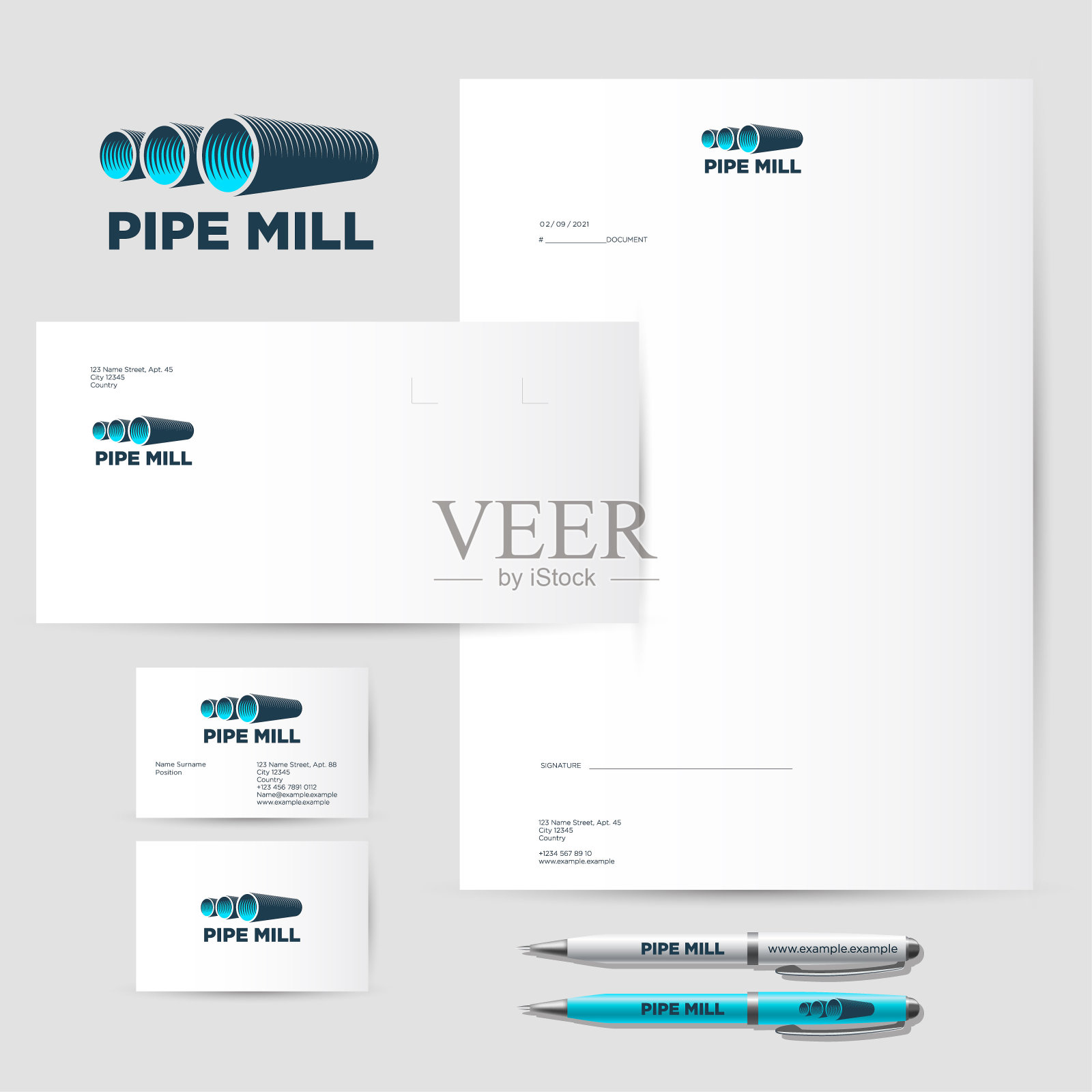 管磨机图标。公司风格,信封,信头,名片,笔。插画图片素材