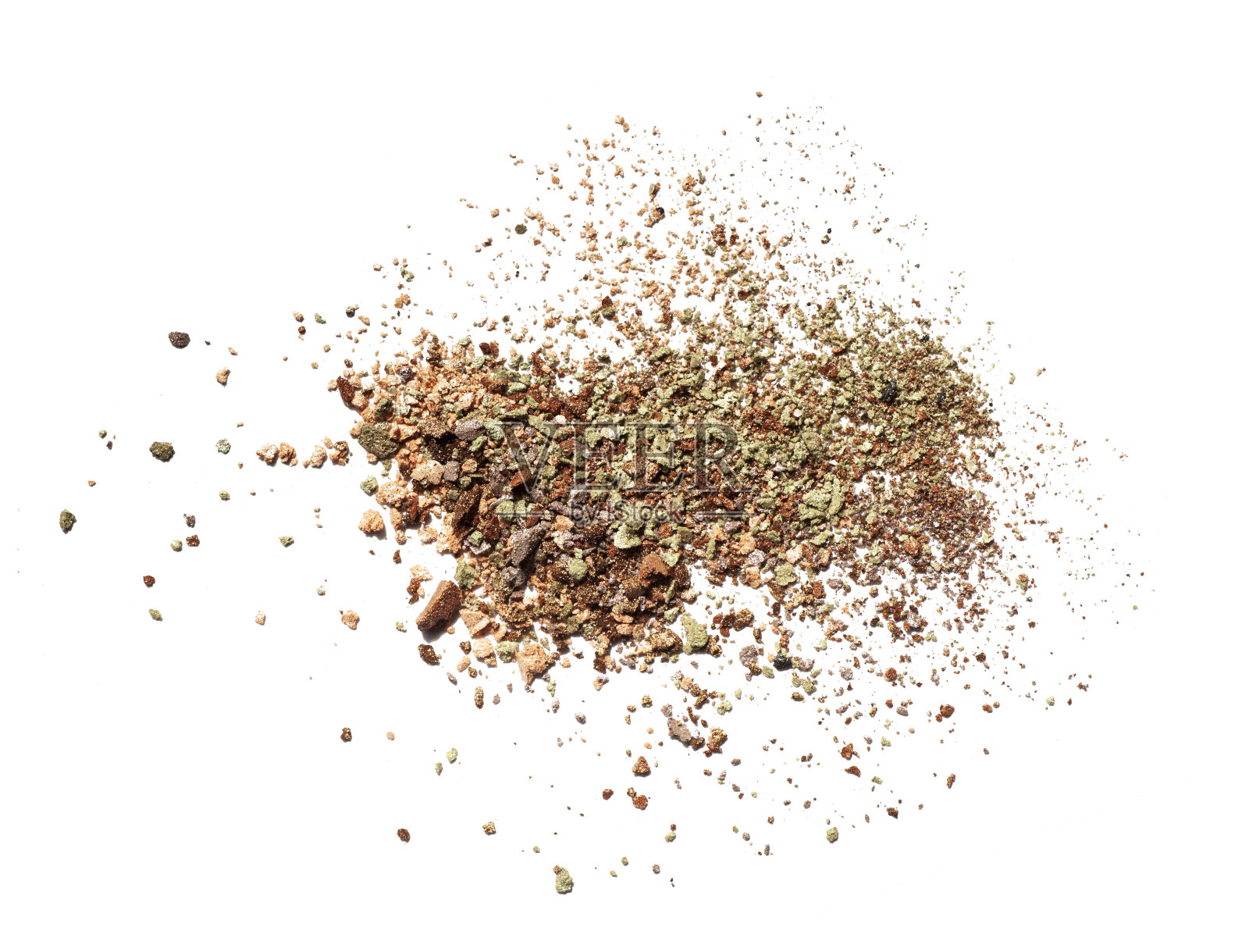 模糊和压碎的开心果绿色疏松微光纹理眼影在白色的背景照片摄影图片