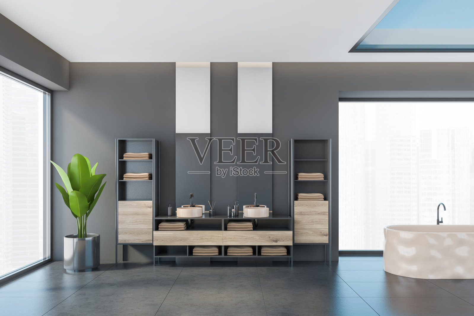 黑色和木制浴室,浴缸和两个水池靠近窗户照片摄影图片