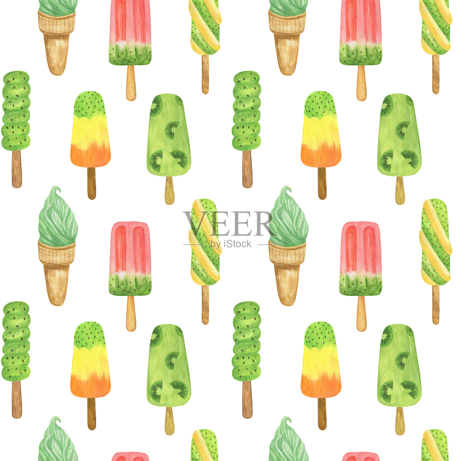 猕猴桃冰淇淋冰棒,水果,西瓜口味无缝水彩手绘图案,插图重复甜甜点装饰为夏季假日装饰,美味款待菜单,邀请,横幅插画图片素材