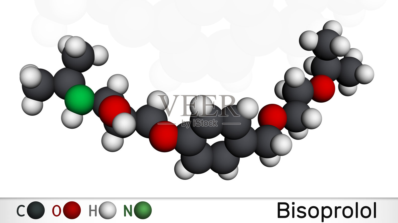 比索洛尔分子。它是心脏选择性β受体阻滞剂,用于治疗高血压。分子模型。三维渲染插画图片素材