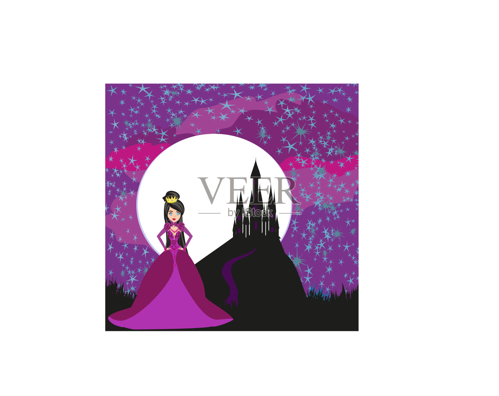 美丽的女王站在城堡前插画图片素材