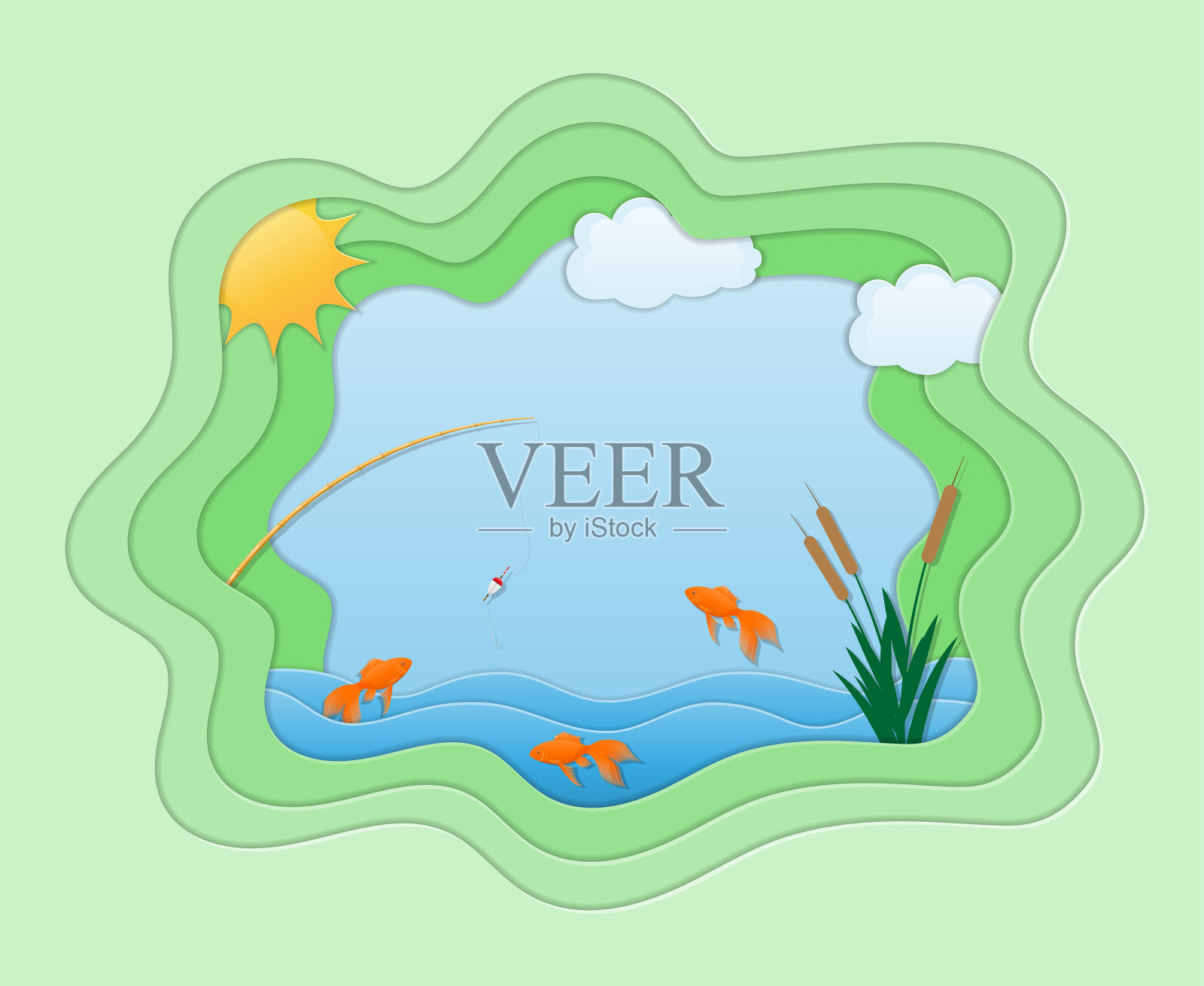 剪纸捕鱼艺术旗帜矢量插图插画图片素材