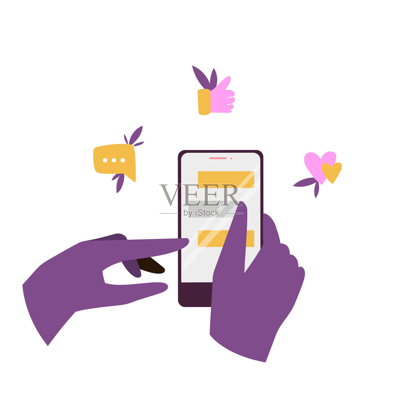 手持智能手机显示聊天和社交媒体图标,大拇指向上,喜欢。矢量图插画图片素材