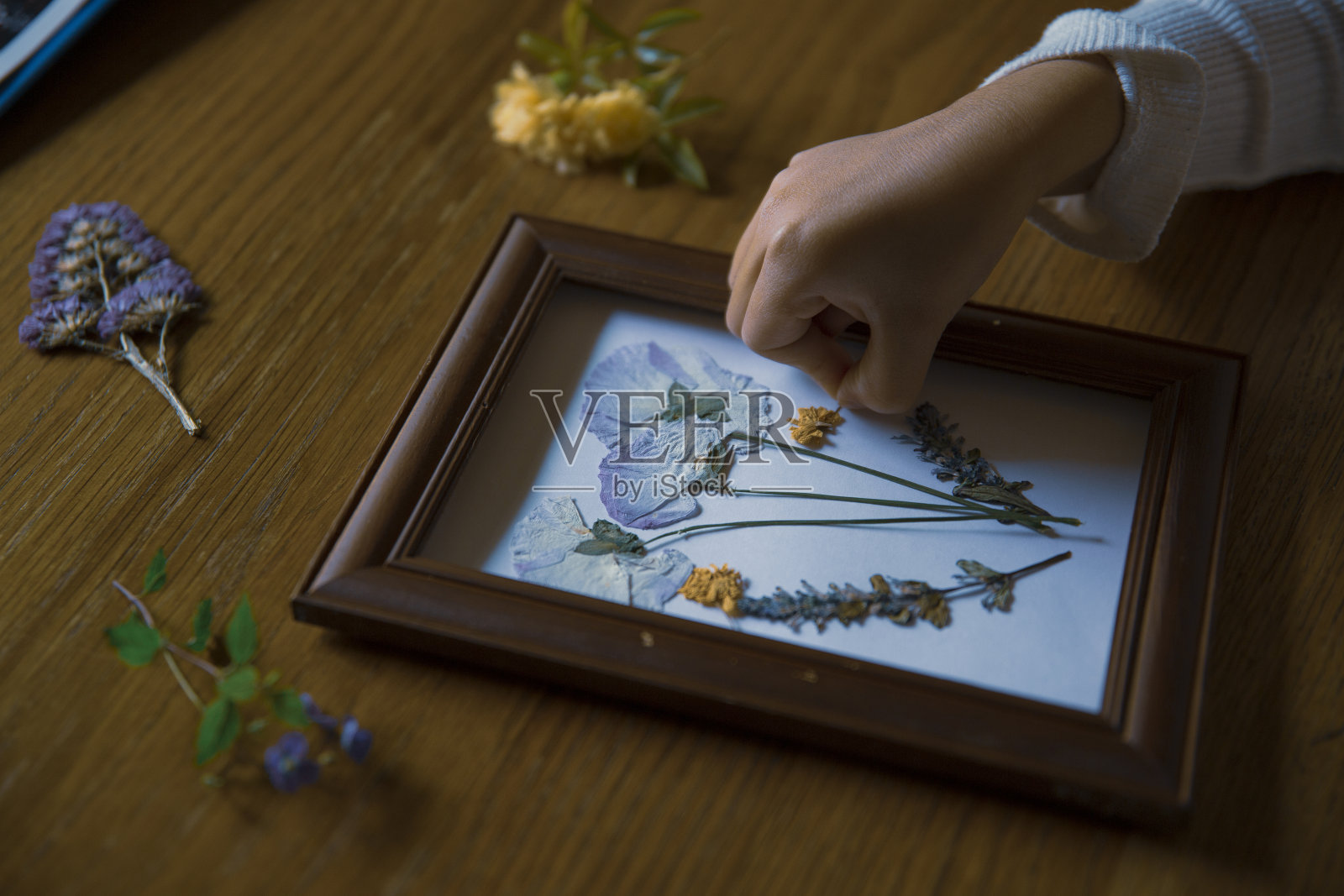 孩子们的手放在一个相框里压扁的花照片摄影图片