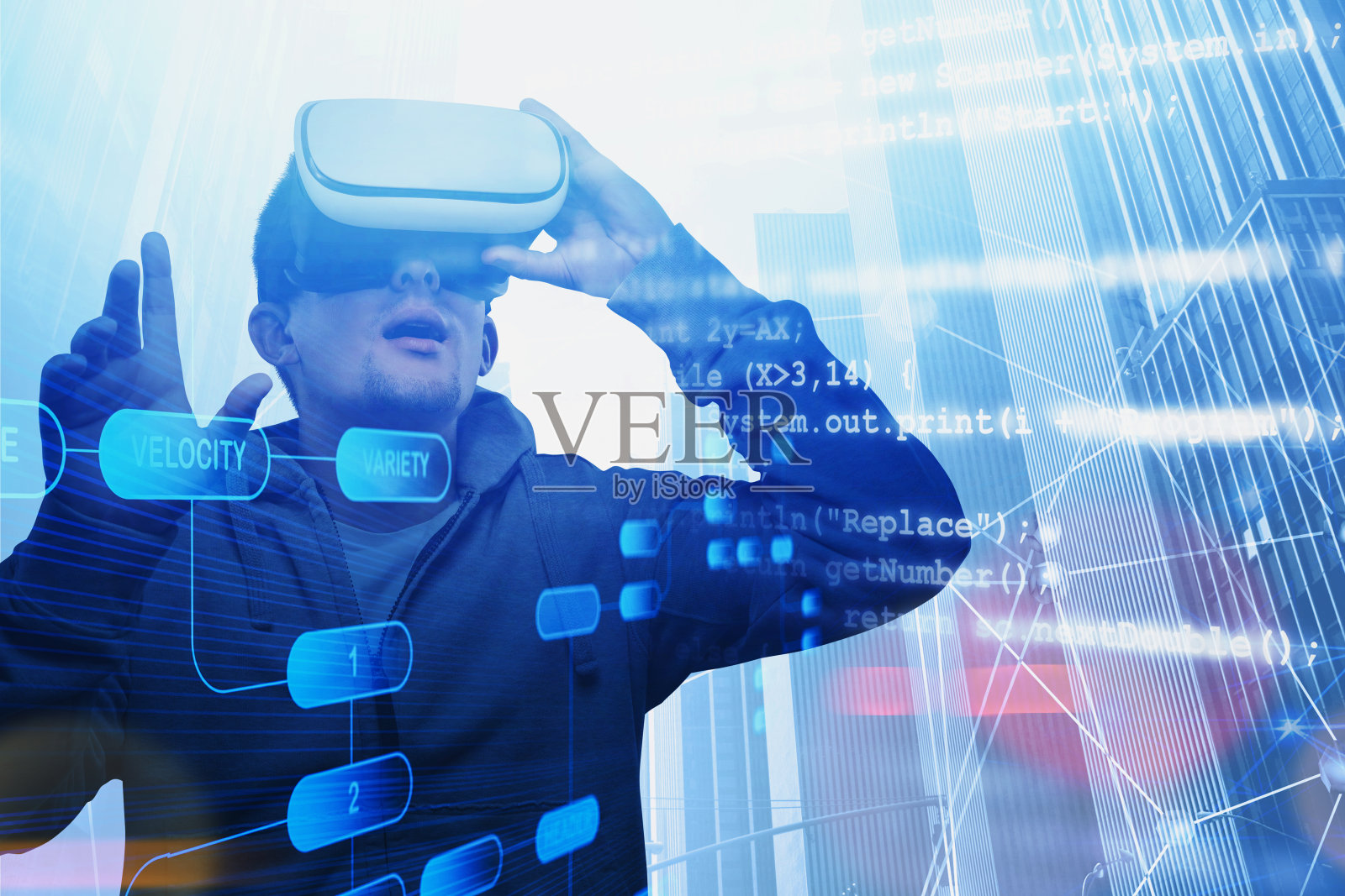 城市里戴着VR眼镜的人,数字界面照片摄影图片