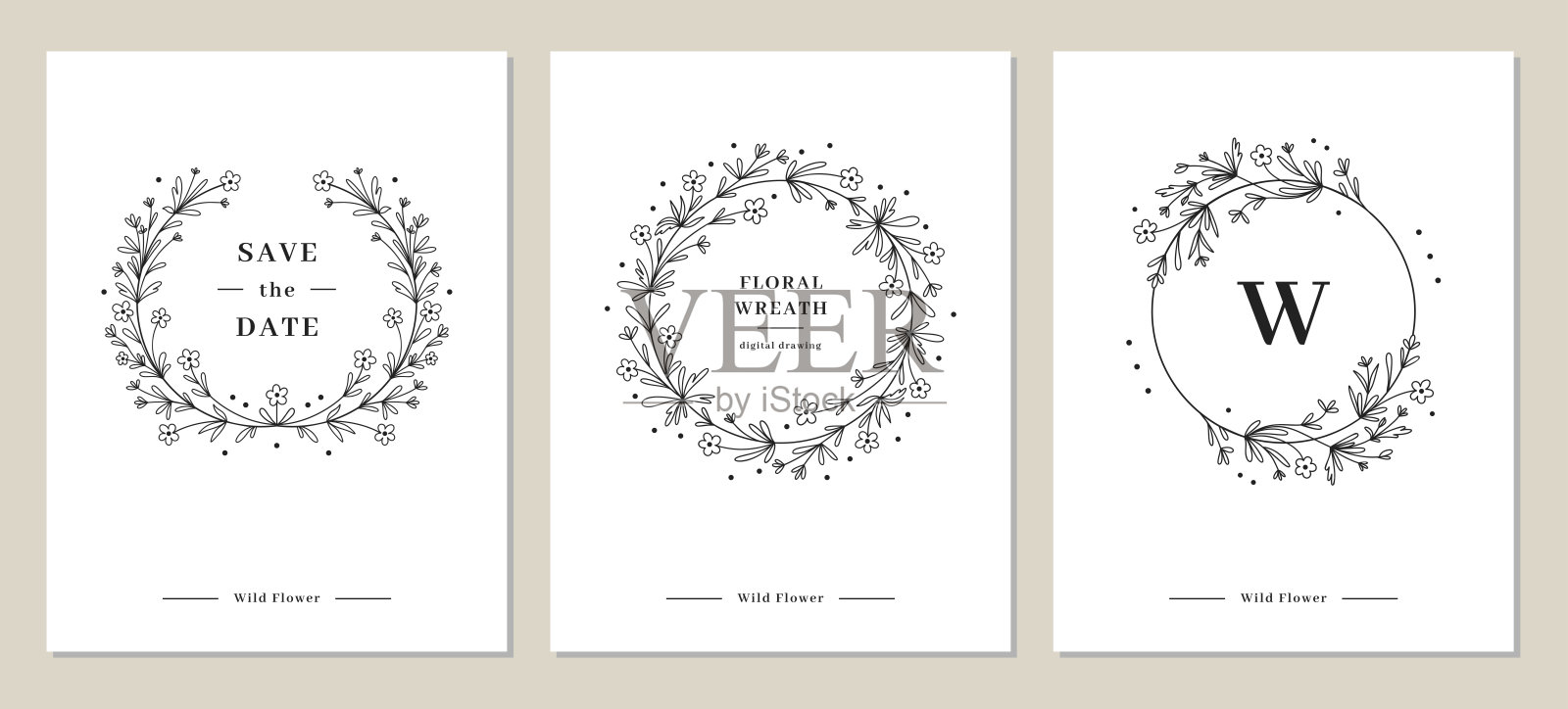 野花花环卡片集,手绘野花交织字母,向量花框架。矢量图插画图片素材