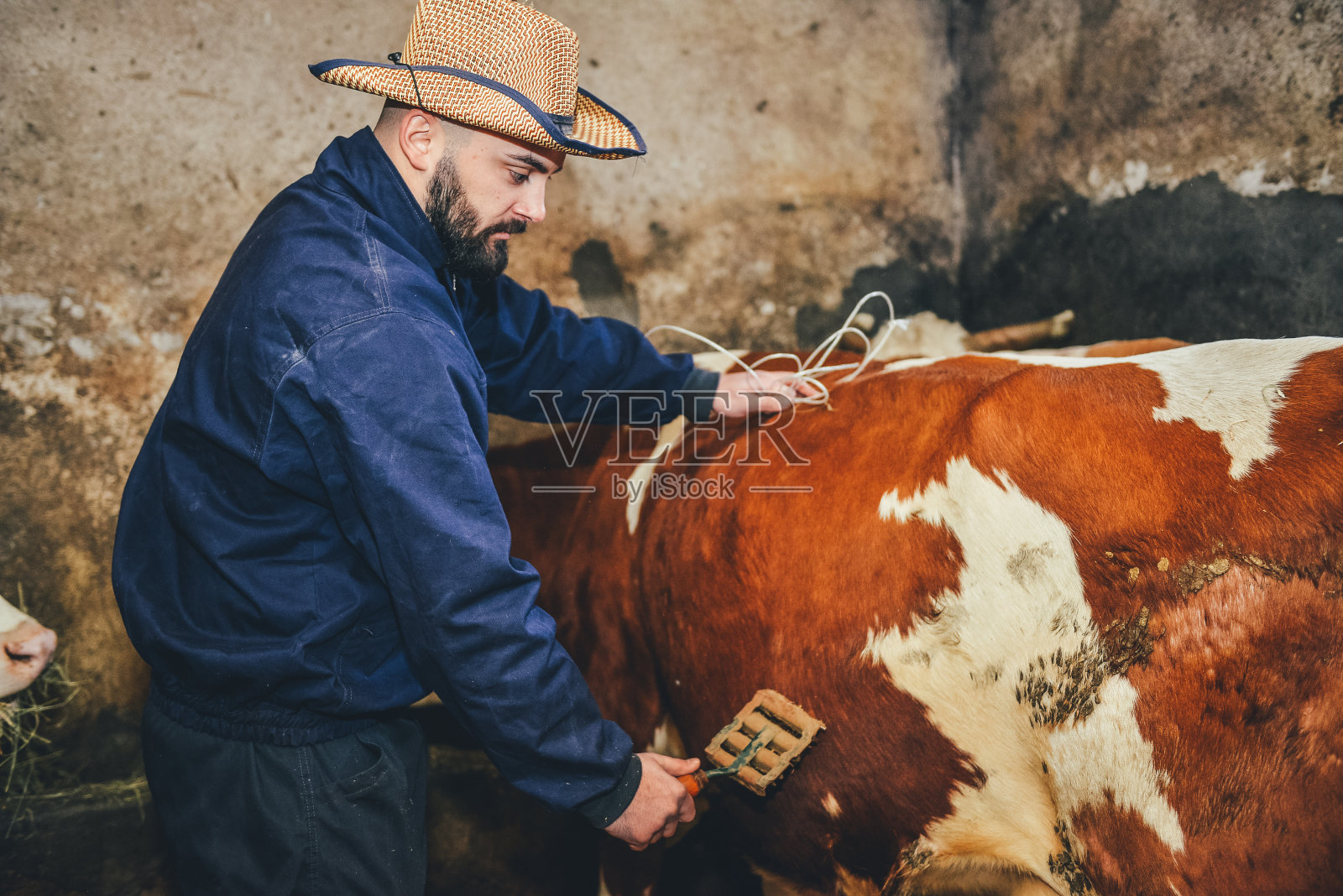 在谷仓里工作的农民照片摄影图片