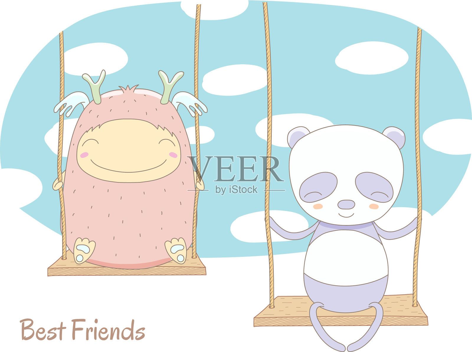 可爱的怪物和秋千上的熊猫插画图片素材
