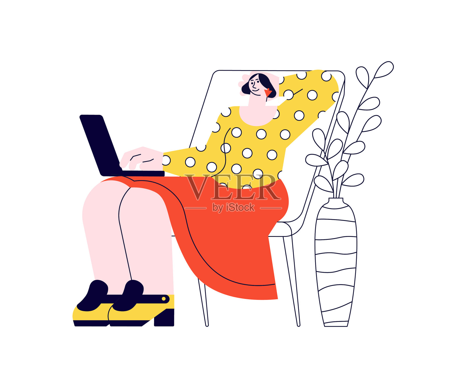 坐在扶手椅上拿着笔记本电脑的女孩设计元素图片