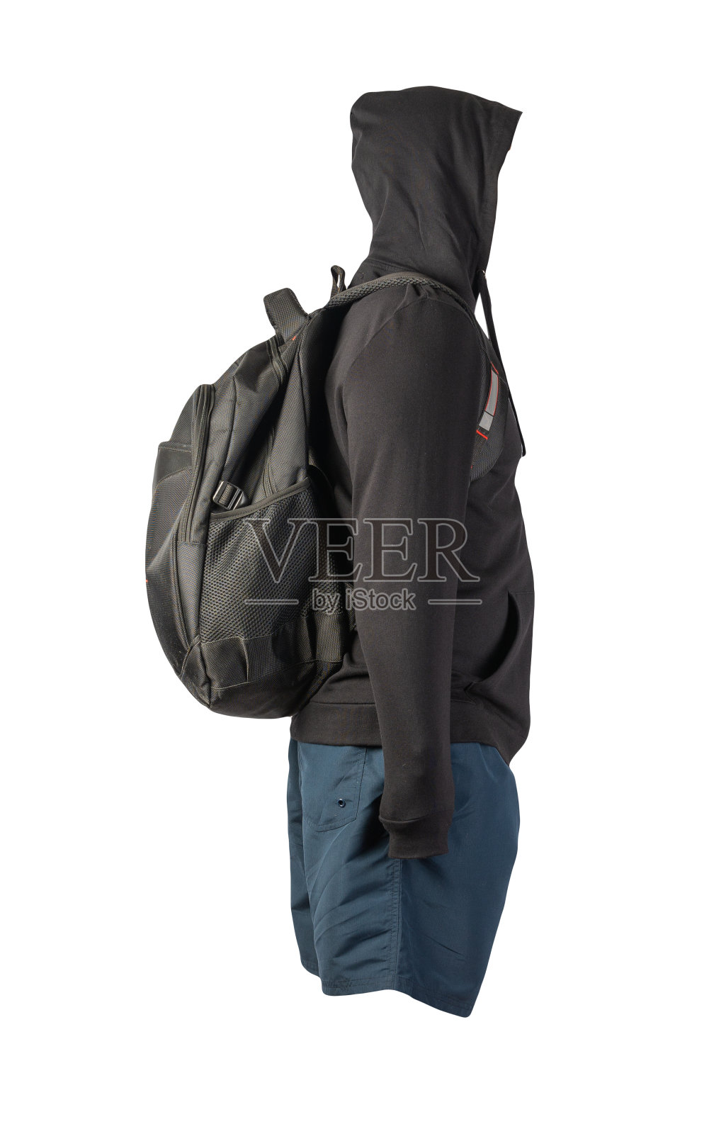 背包,运动衫,短裤孤立的白色背景。照片摄影图片