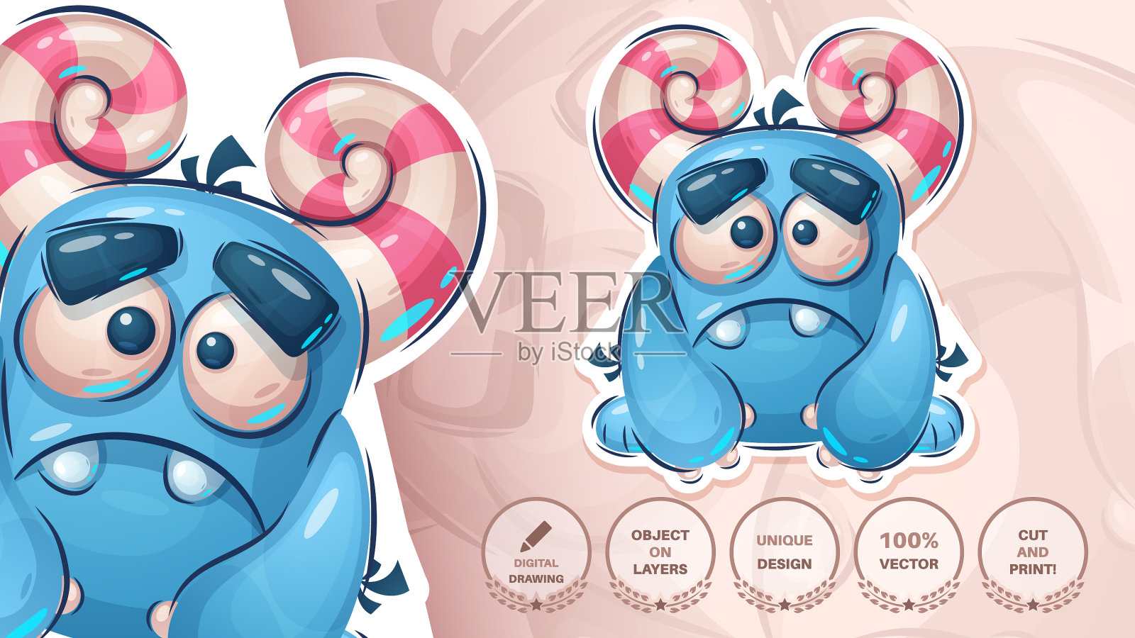 悲伤的大怪物-可爱的贴纸插画图片素材