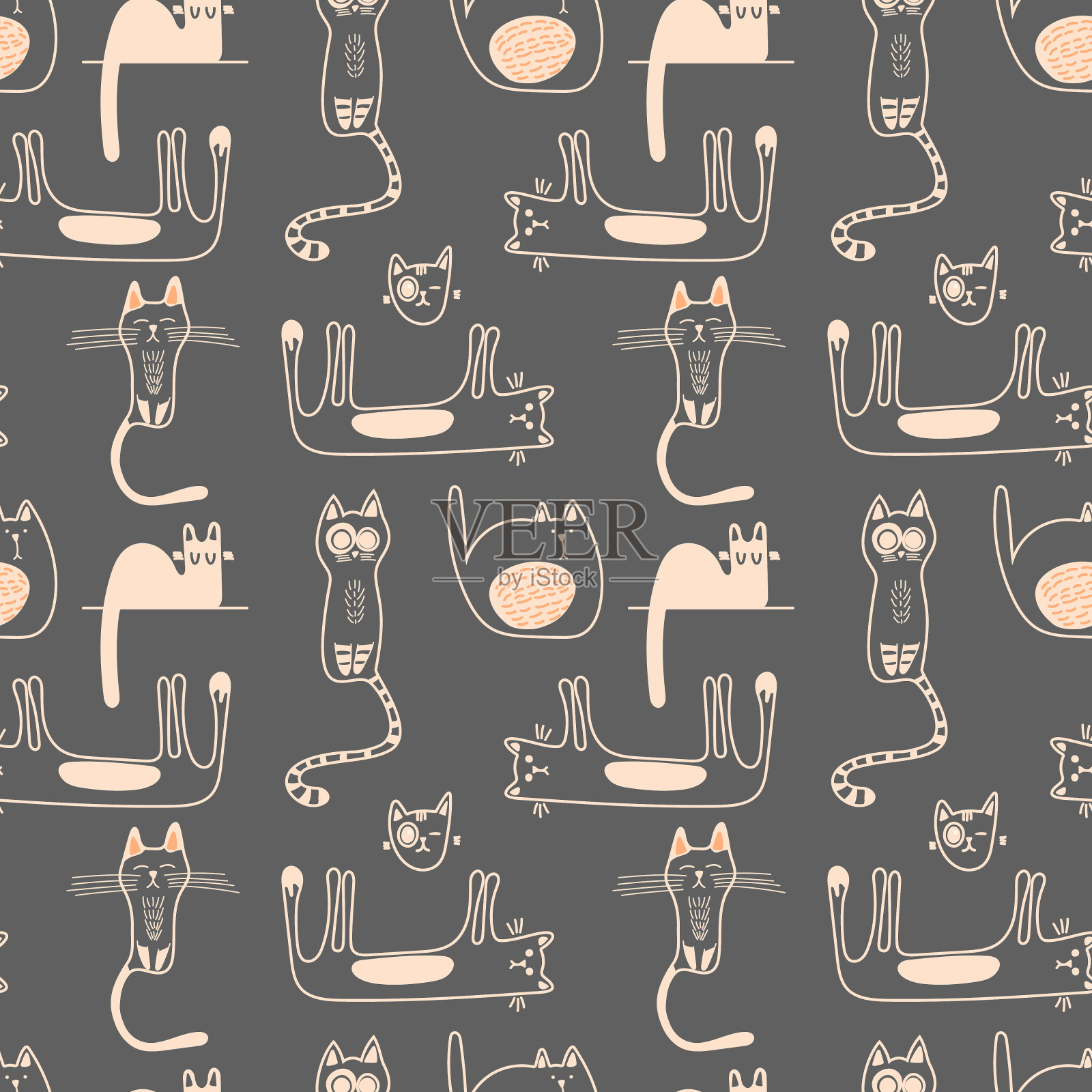 矢量无缝模式与可爱的涂鸦风格的猫在单色在灰色的背景。插画图片素材