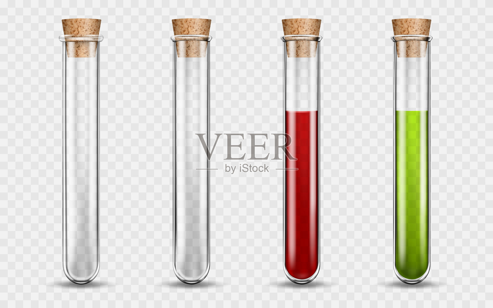 透明医用玻璃试管,带帽的彩色液体试管,玻璃试管中的血液。逼真的3d矢量插图上透明的背景。插画图片素材