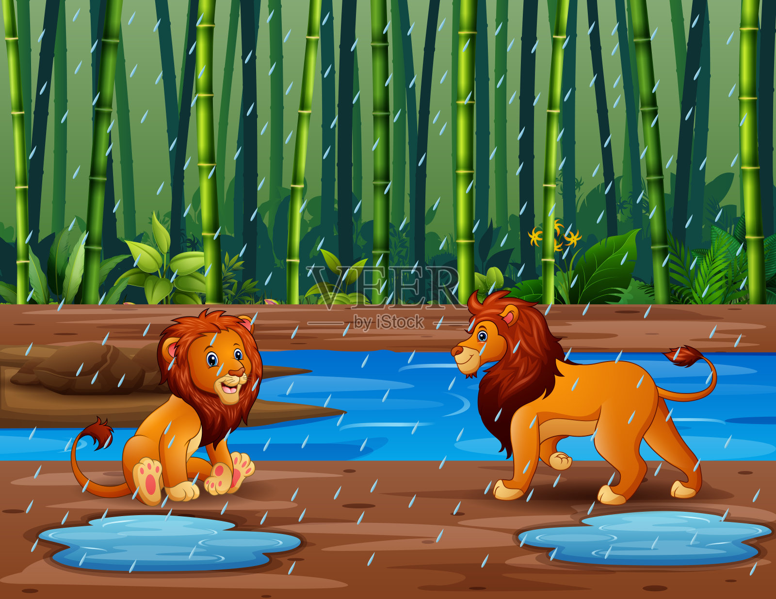 雨季与狮子在竹林插画图片素材