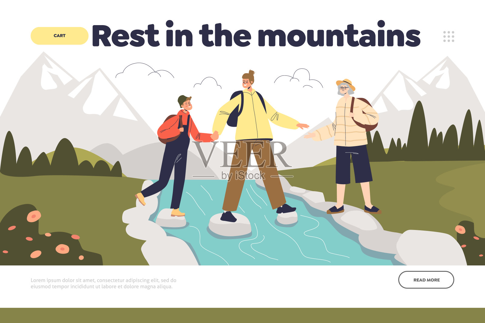 在山上休息的概念登陆页与家人在一起活跃的度假徒步旅行插画图片素材
