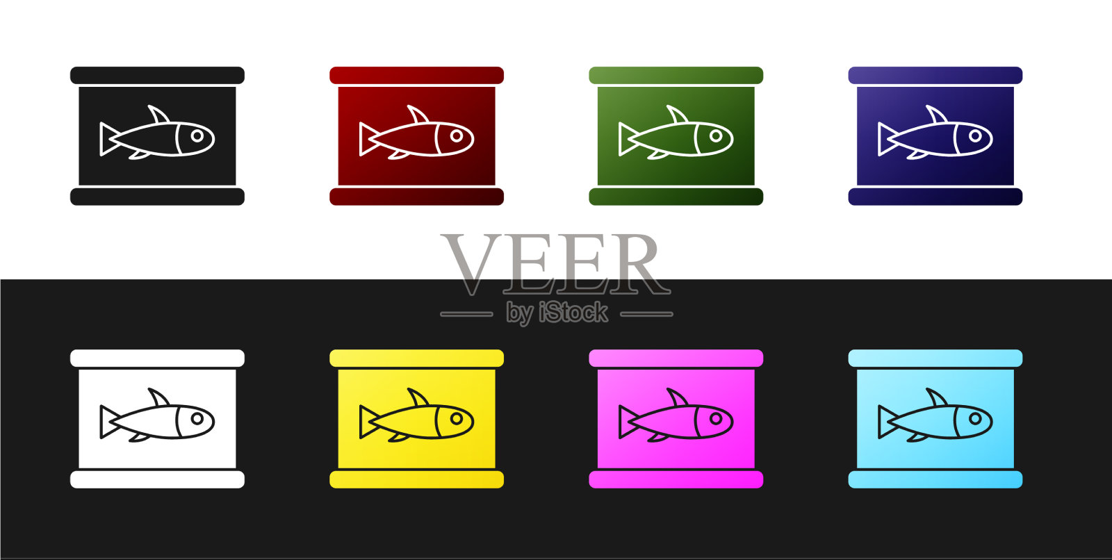 设置罐头鱼图标隔离在黑色和白色图标素材