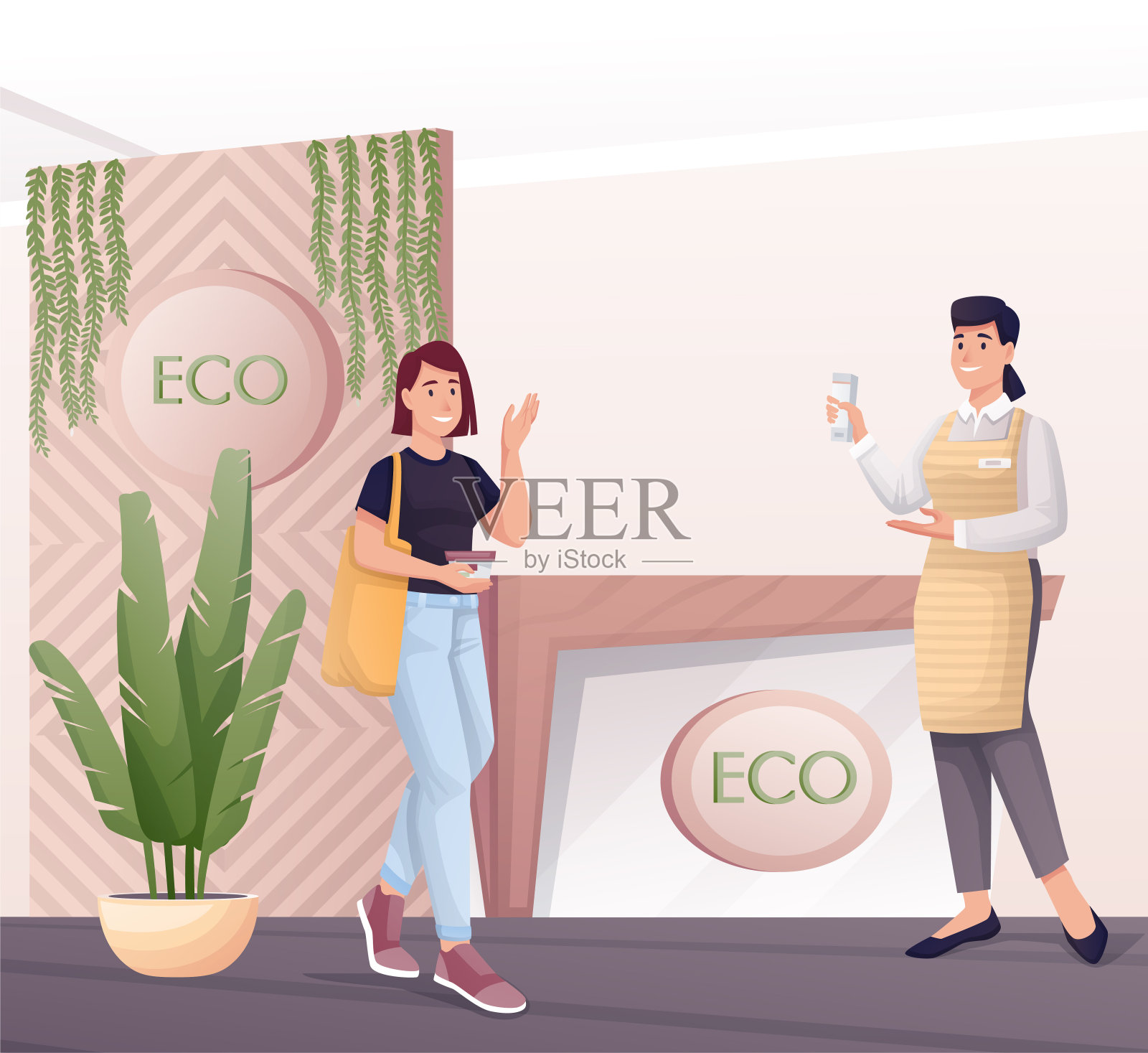 女人在生态零废物商店购物。年轻女孩客户选择霜,助理帮助产品矢量插图。生态商店室内设计以人为本插画图片素材