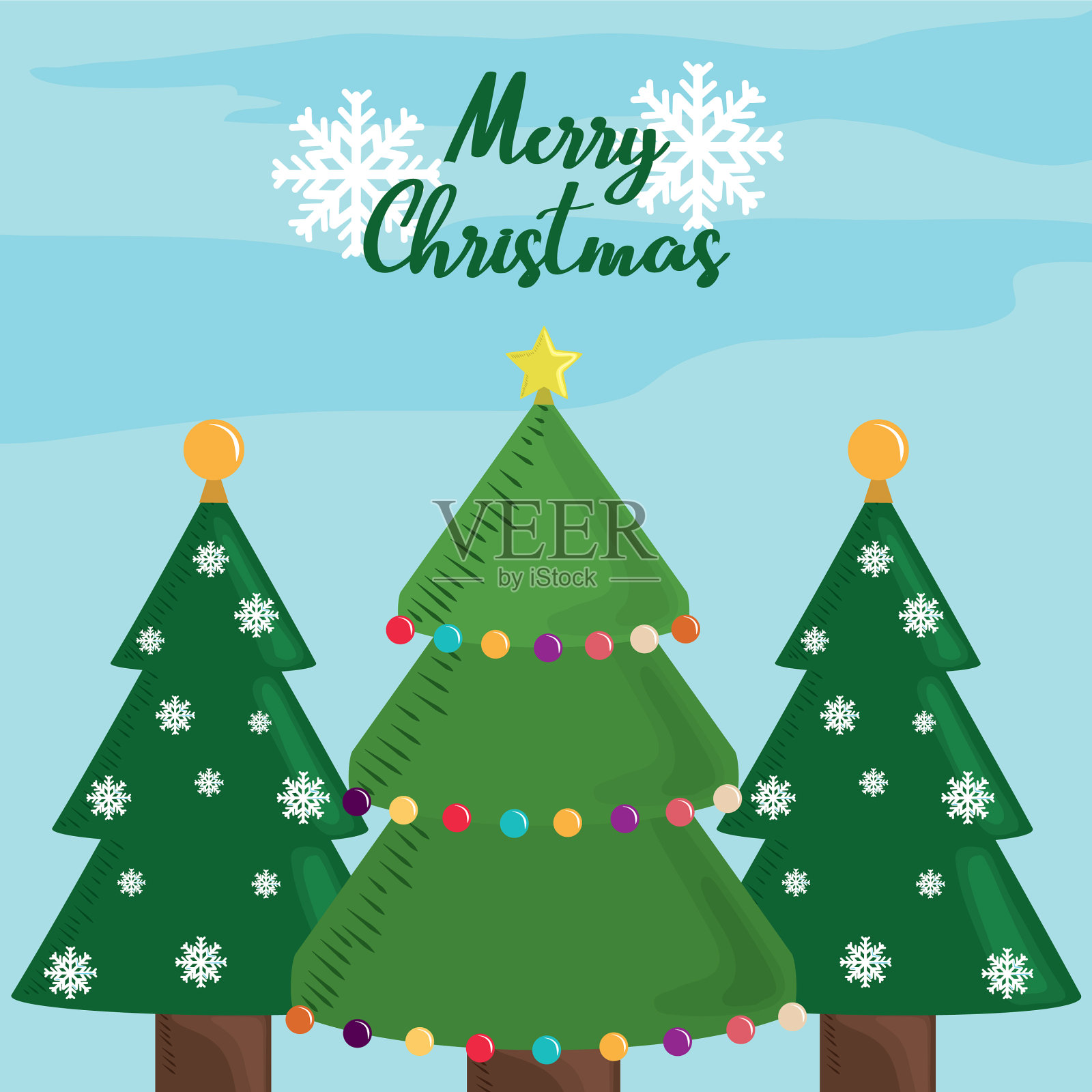 圣诞树、星星、球和雪花快乐插画图片素材