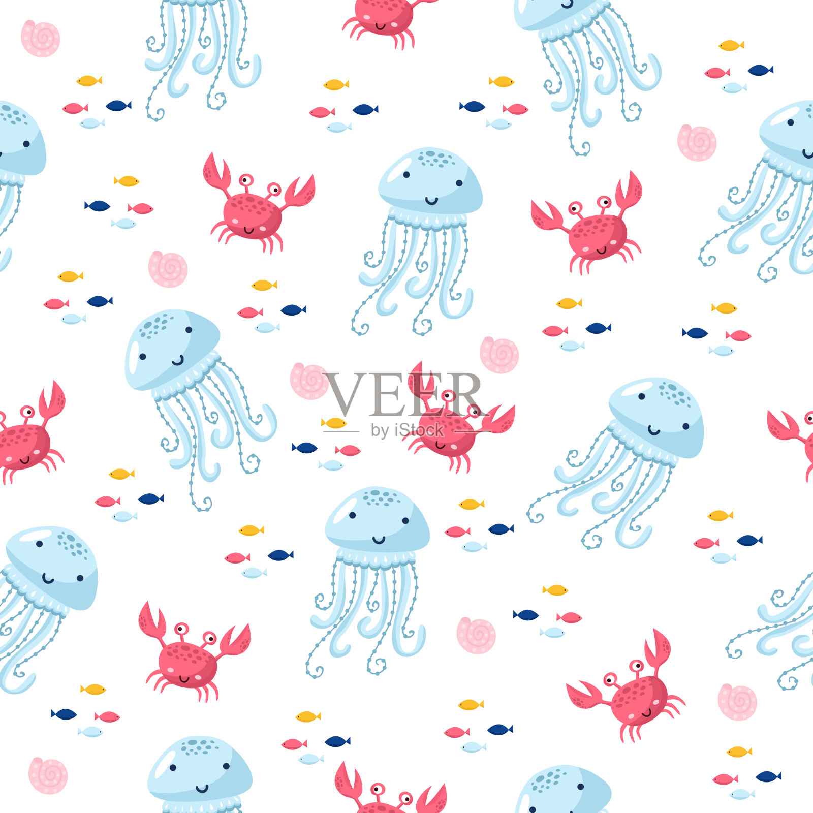 图案与水母和鱼插画图片素材