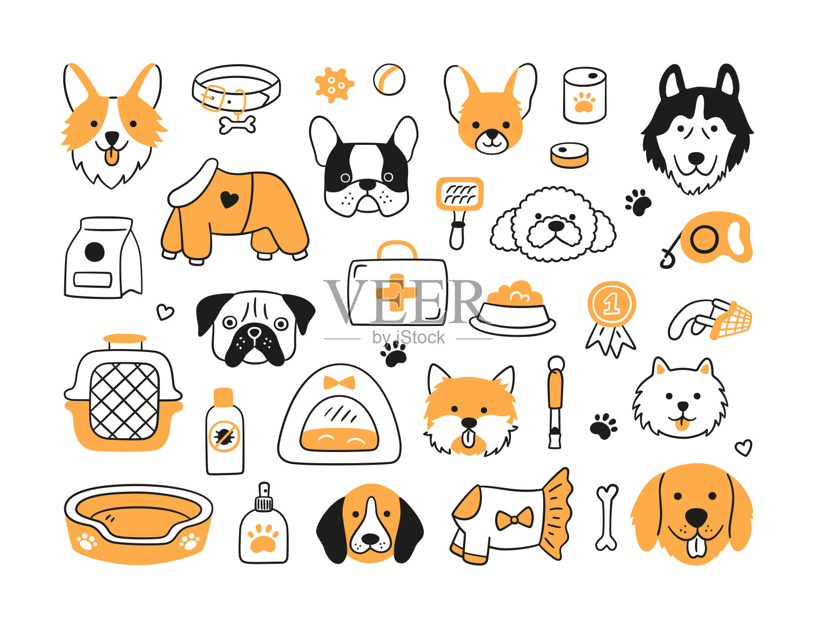 一套不同品种的狗的头和犬配件。项圈,皮带,口套,载体,食物,衣服。插画图片素材
