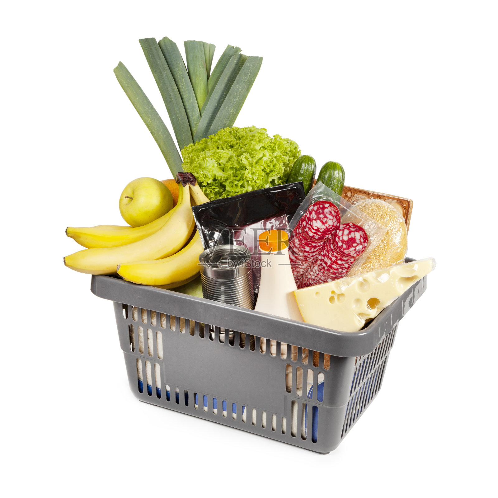 食品经济:白色背景上的购物篮和购买的商品,昂贵的零售照片摄影图片