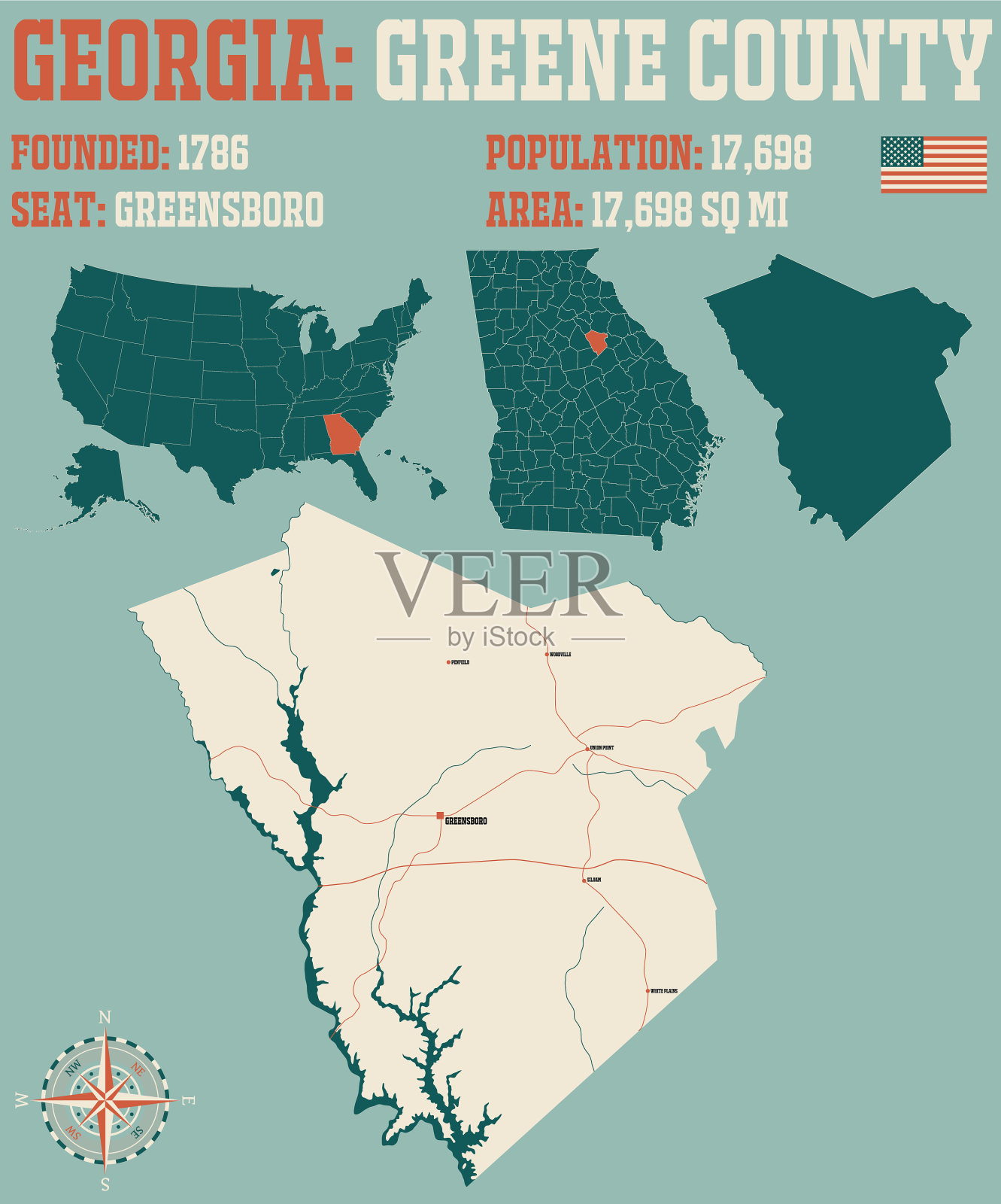 绘制乔治亚州格林县的地图插画图片素材