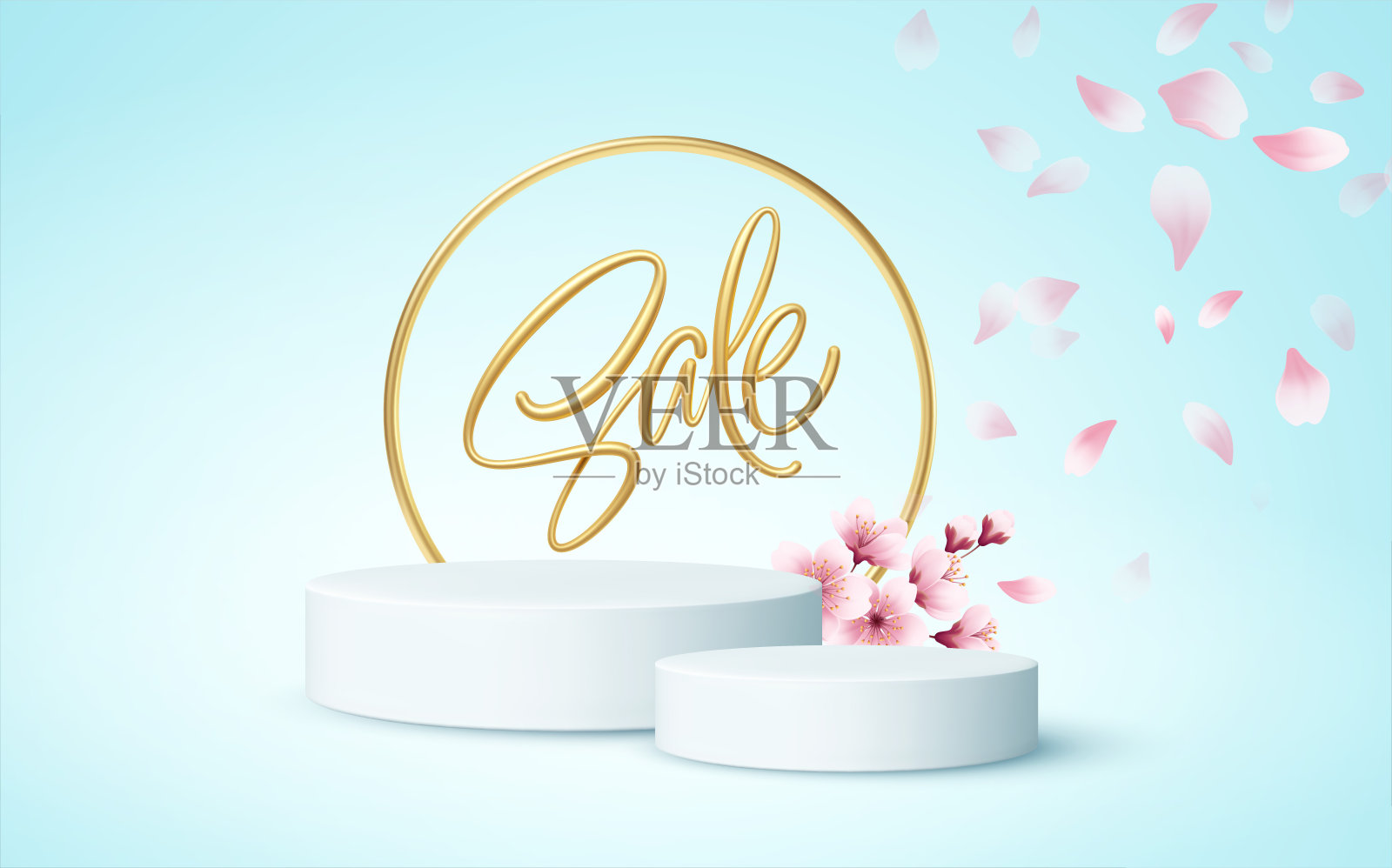 产品领奖台场景与一枝盛开的樱花在一个蓝色的背景。矢量图设计模板素材