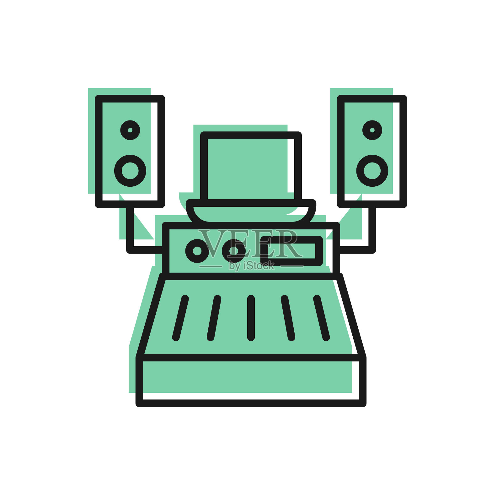 黑线音乐录音室控制室,专业设备图标隔离在白色背景上。向量插画图片素材