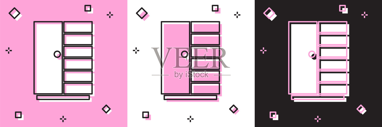 设置衣橱图标孤立的粉红色和白色,黑色的背景。向量插画图片素材