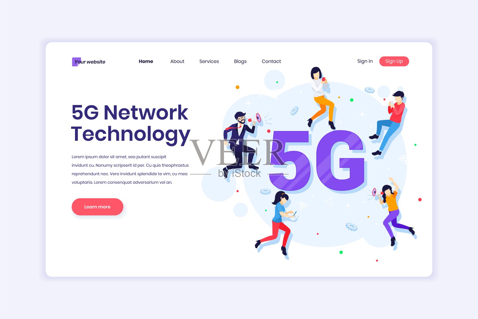 5G网络技术登陆页设计理念。人们使用高速无线连接5G。矢量图插画图片素材