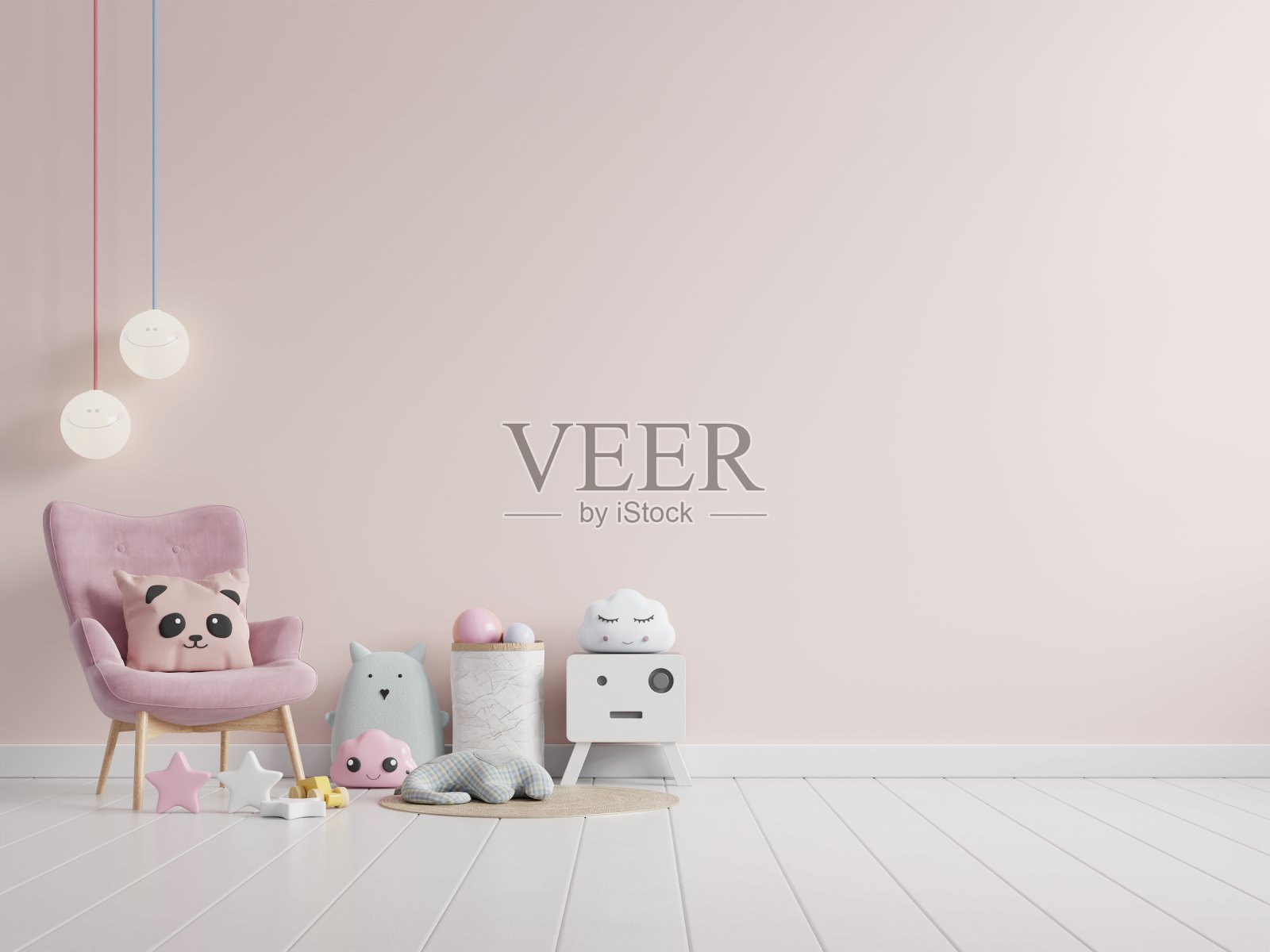 以淡粉色为背景,模拟儿童房的墙面。照片摄影图片