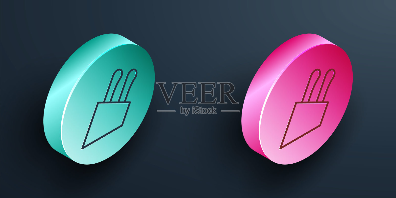 等距线刀图标孤立在黑色背景。餐具的象征。绿松石和粉红色的圆形按钮。向量图标素材