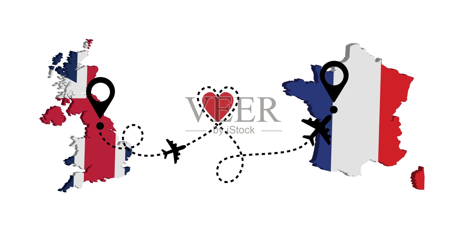 从英国到法国乘客机旅行。飞机的路线。自由旅行。我喜欢乘飞机旅行。插画图片素材