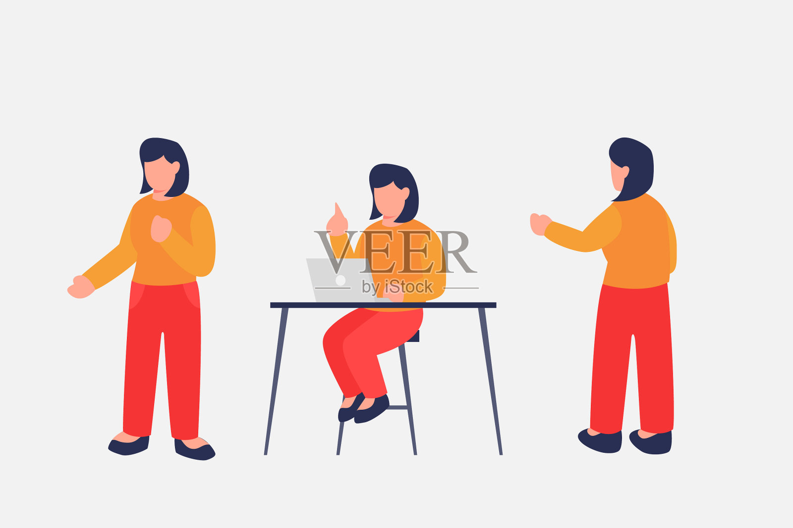 女性在职场上或坐或站使用笔记本电脑插画图片素材