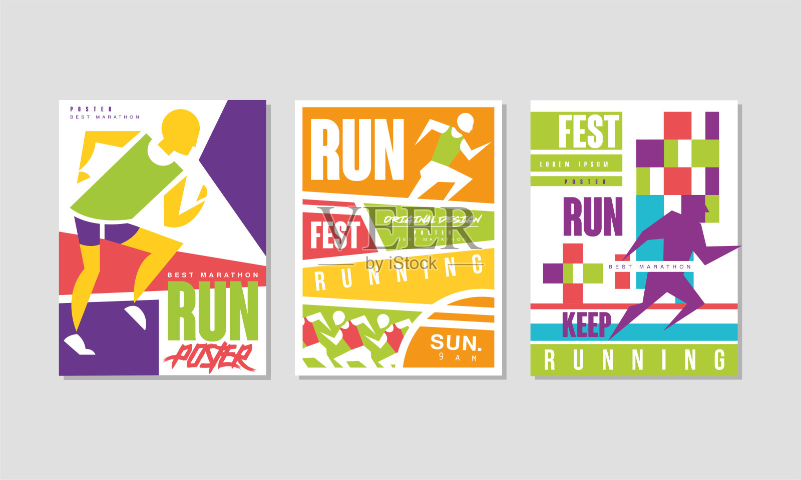 马拉松和跑步比赛向量集的跑节海报设计模板素材