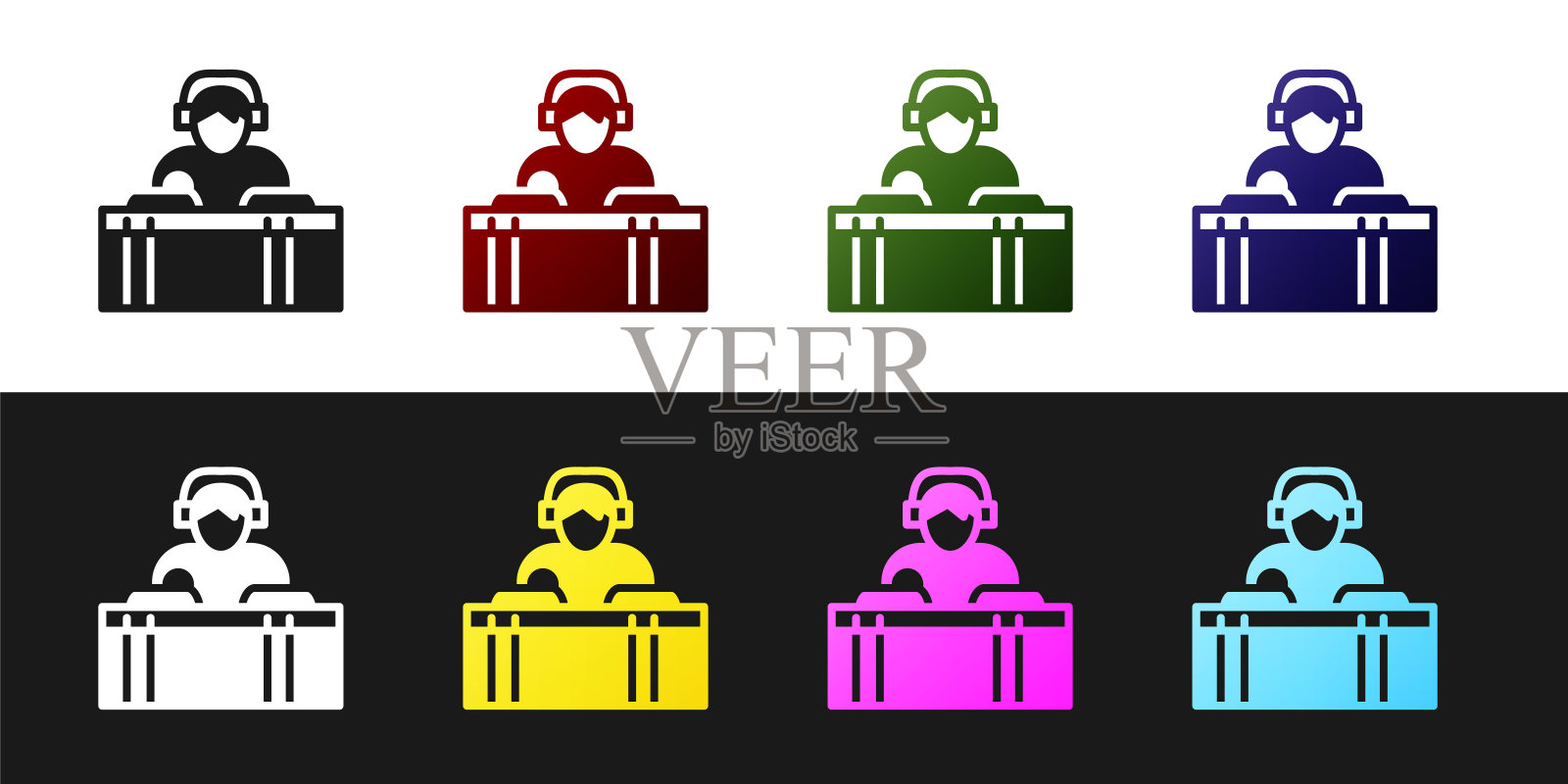 设置DJ戴耳机前的唱片甲板图标孤立的黑白背景。DJ播放音乐。向量插画图片素材