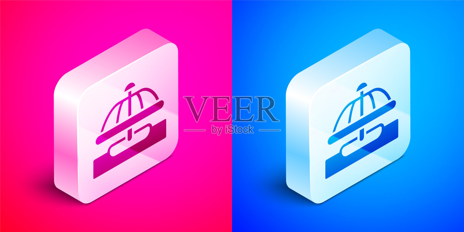 等距吸引力旋转木马图标孤立在粉红色和蓝色的背景。游乐园。儿童娱乐游乐场、游憩公园。银广场按钮。向量图标素材