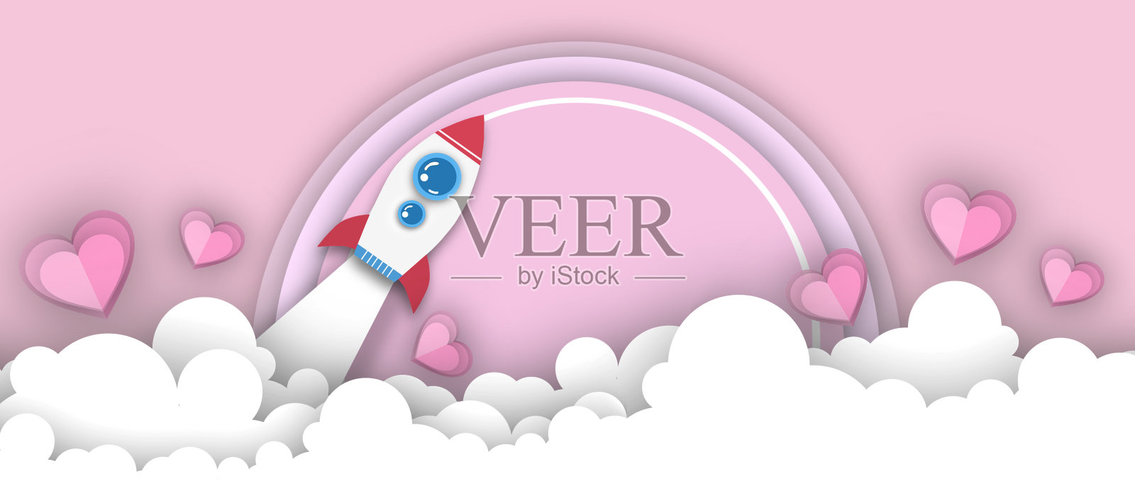 纸艺术风格的火箭飞行设计和爱的心的概念。剪纸和工艺风格的红色。传单,横幅,海报,模板,设计-3d渲染照片摄影图片