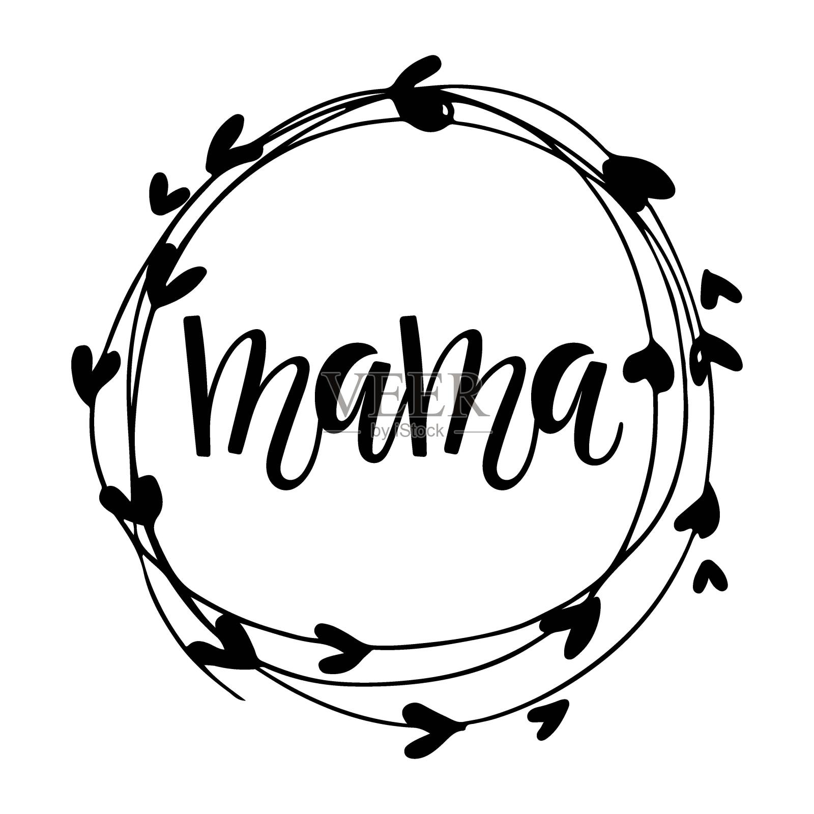 妈妈花环。周围的框架与妈妈的字母。为生日卡片,明信片,请柬,海报而画的花圈。母亲节矢量插图。插画图片素材