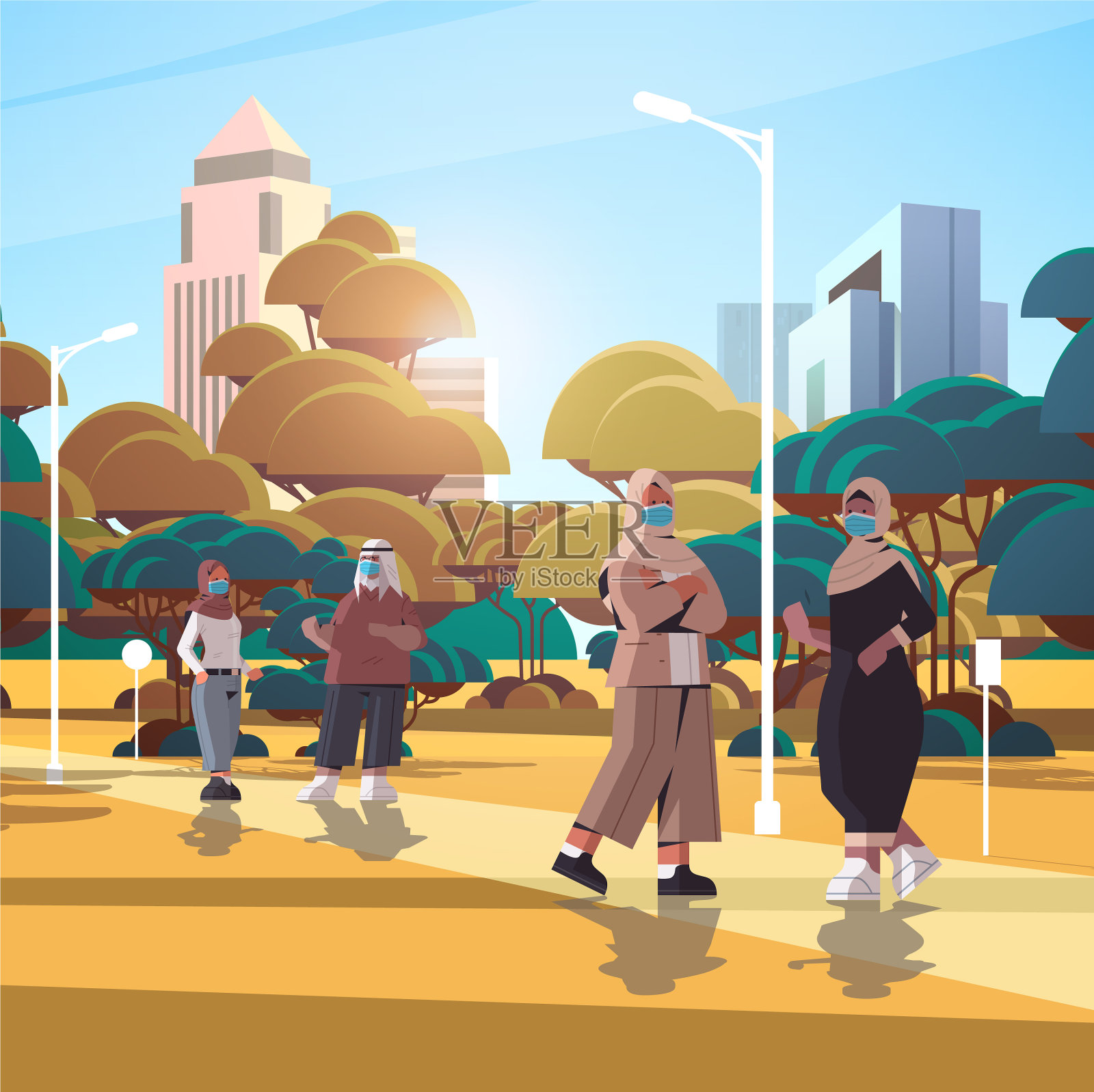 阿拉伯商人戴着防护口罩插画图片素材