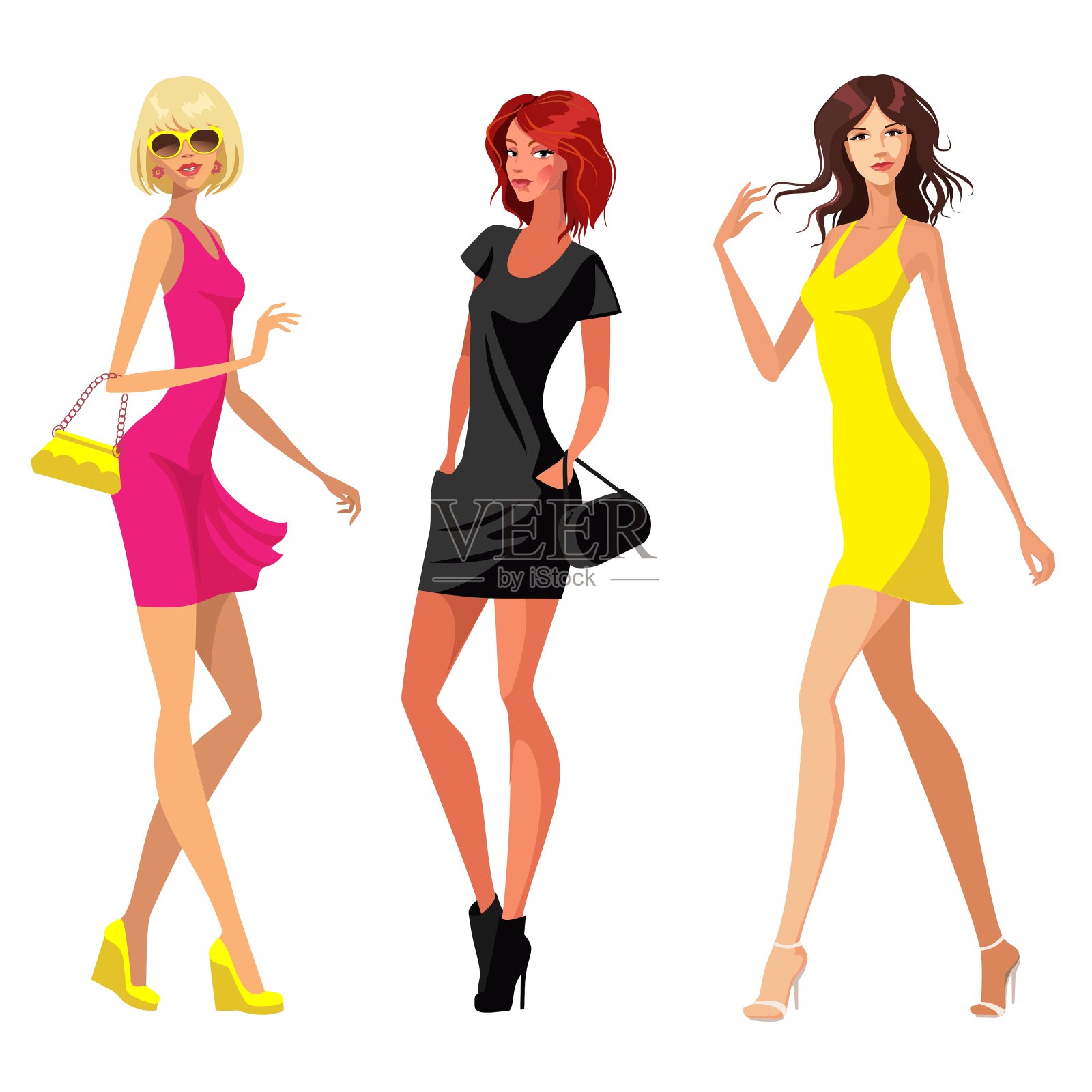 三个穿着裙子的女人。矢量插图上的白色背景插画图片素材