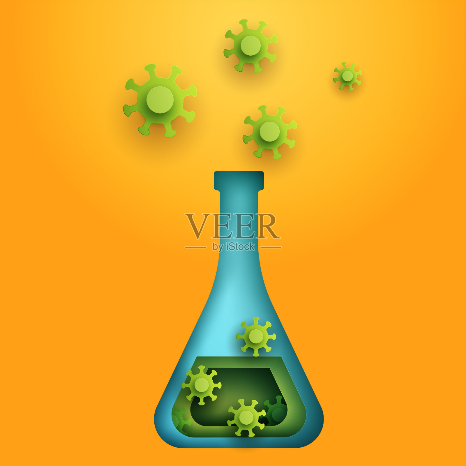 蓝色烧瓶中的绿色细菌、分子或病毒。现代剪纸风格孤立在黄色背景。手工折纸设计元素。极简多彩的几何概念。矢量插图。插画图片素材