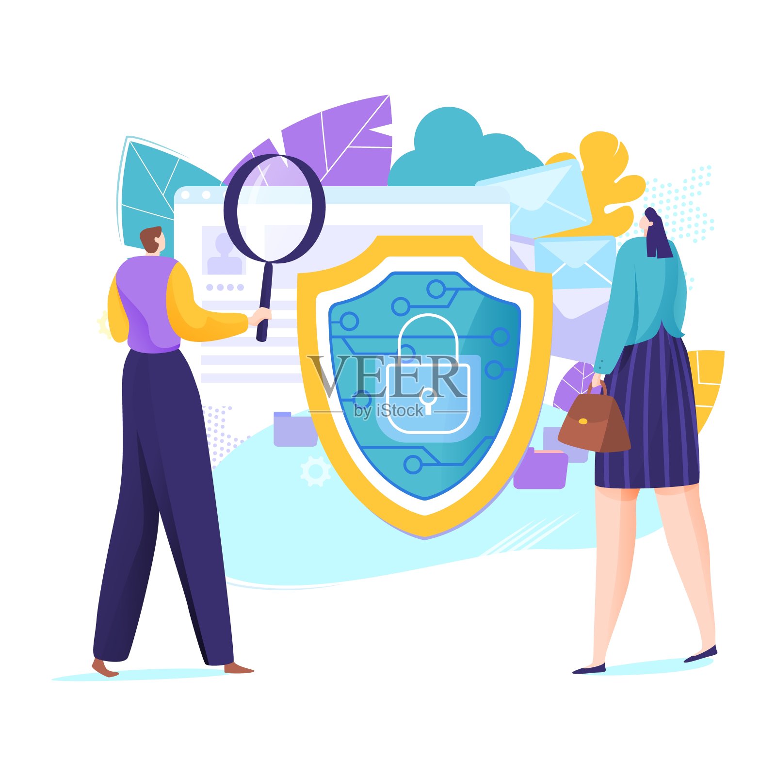 网上商务防病毒数据保护,企业互联网安全信息平面矢量插图,孤立上白。插画图片素材