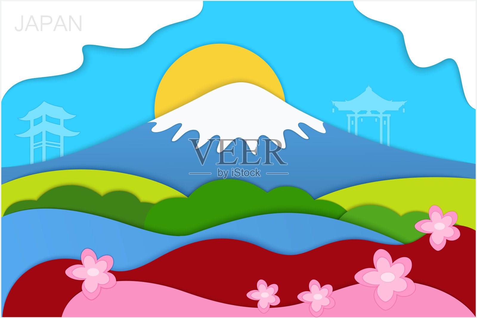 日本的风景海报。山景、天空和太阳。剪纸的背景。插画图片素材