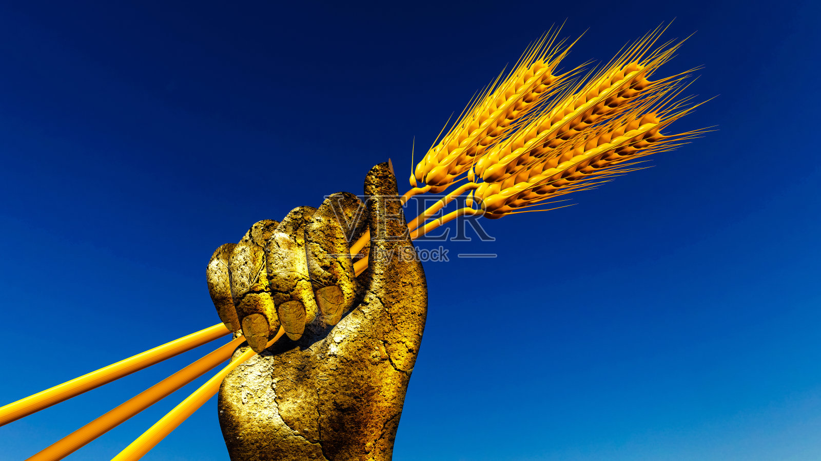 在蓝天的映衬下,大地女神的双手捧着金色的麦穗。照片摄影图片