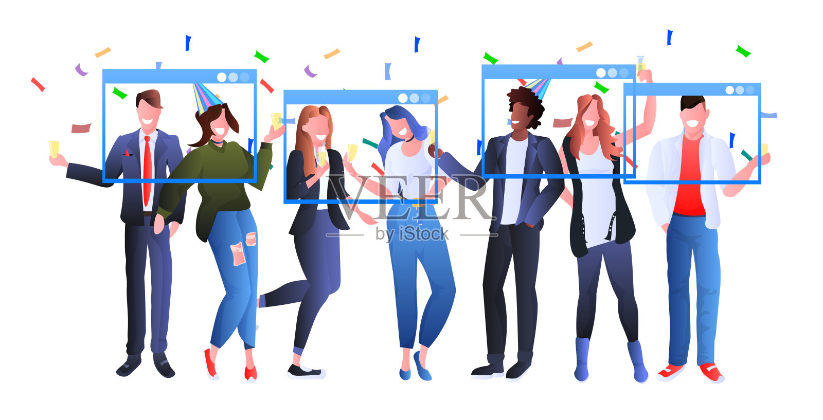 混合种族的商人举行网络浏览器Windows庆祝公司聚会在线交流插画图片素材